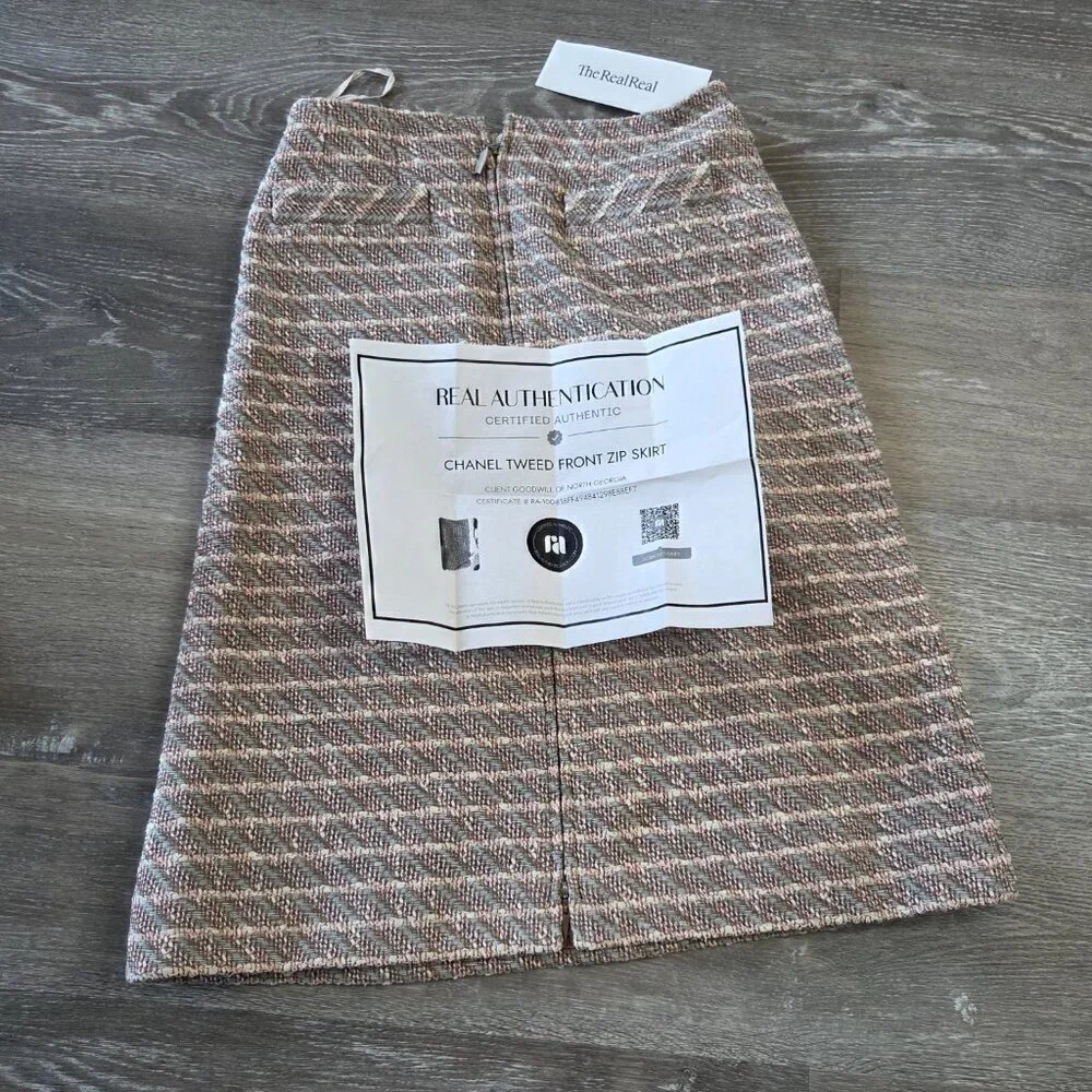 Authentic Chanel Tweed Skirt Gold Hardware FR 36 Beige w/ Official COA